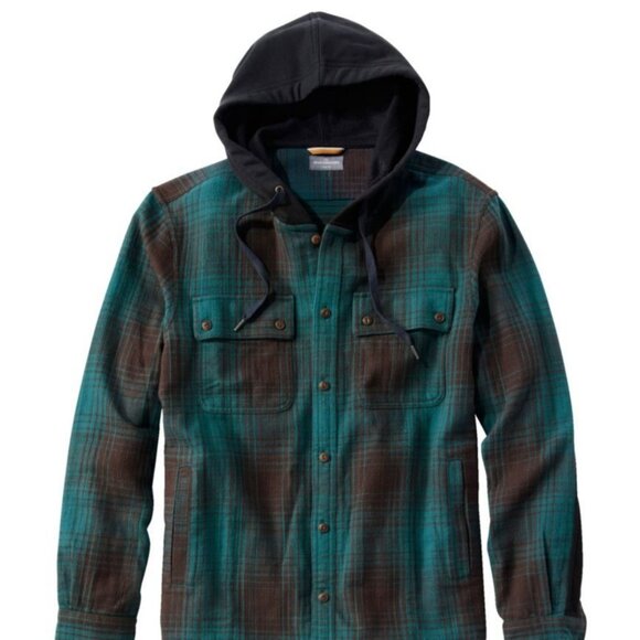L.L. Bean Men's Signature Heritage Flannel Hooded Shirt Jacket - Green/Brown - Picture 1 of 7